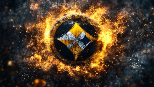 Circular metal emblem engulfed in vivid digital flames.