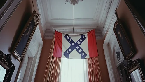 Confederate battle flag suspended in ornate interior room.
