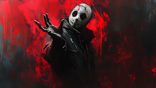 Masked slasher emerges within red abstract horror tableau.