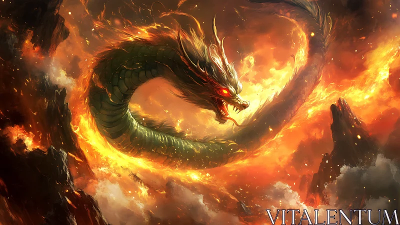 Infernal serpent dragon coils through blazing volcanic sky.