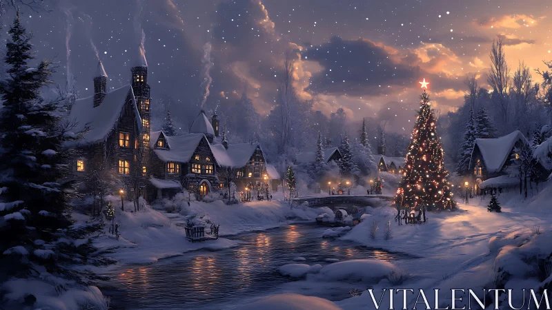 Snowy village glows around illuminated riverside Christmas tree