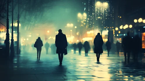 Foggy city street with silhouetted pedestrians at night.