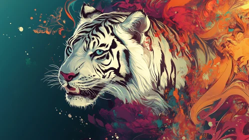 Majestic white tiger emerging through swirling colors.