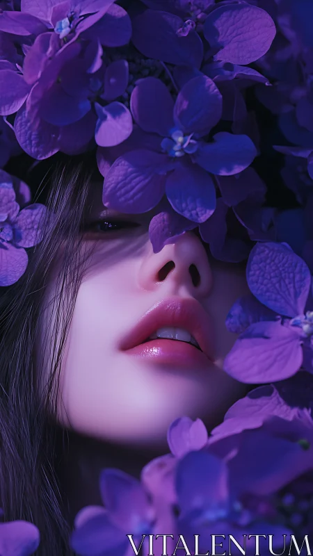 Female face framed by purple flowers in close detail.