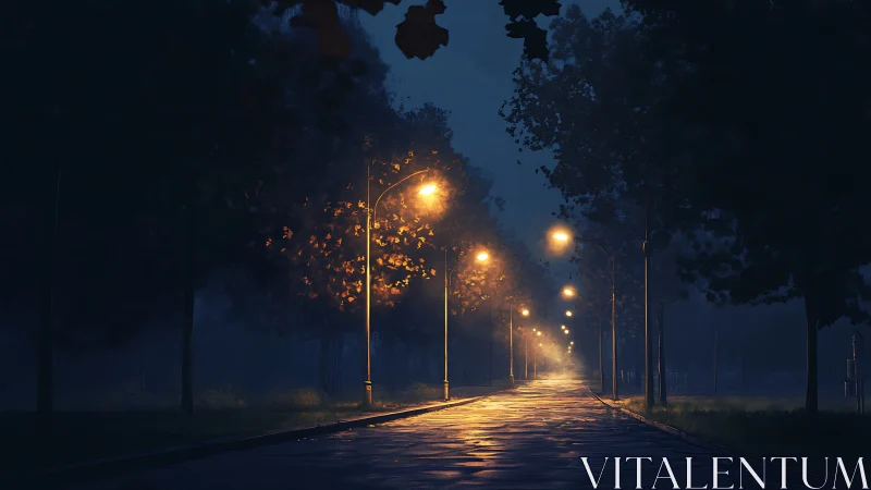 Foggy tree-lined avenue illuminated by warm sodium streetlights