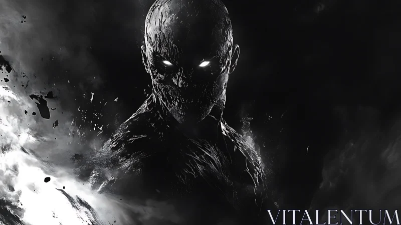 Shadow wraith emerges from fractured void in monochrome storm.