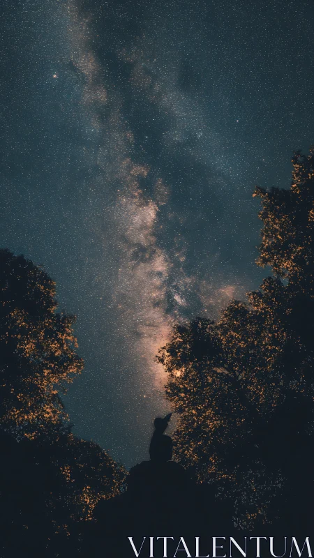 Long-exposure Milky Way core above silhouetted forest observer