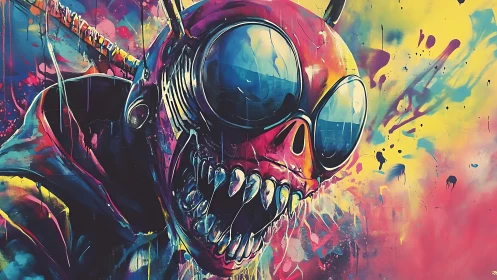 Neon feral skull-visor creature in explosive digital graffiti.