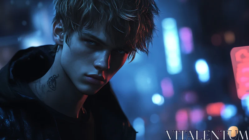 Brooding night wanderer in neon city glow, quietly watching.