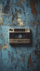 Vintage intercom on distressed teal rusted metal wall.