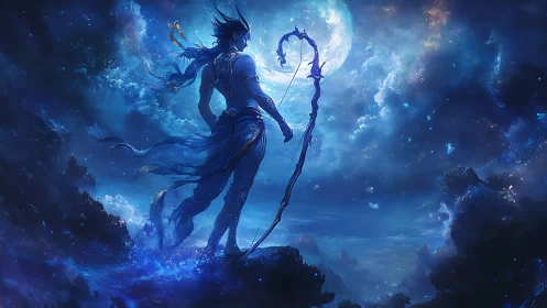 Lunar-lit celestial archer on crystalline astral cliffscape