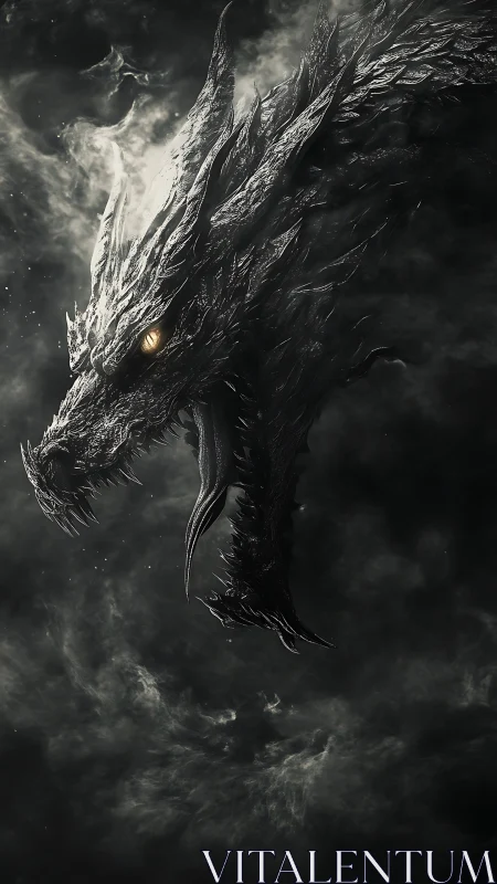 Obsidian dragon head emerges from volumetric storm clouds