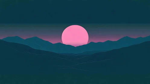 Minimalist digital sunset over stylized mountain silhouettes.