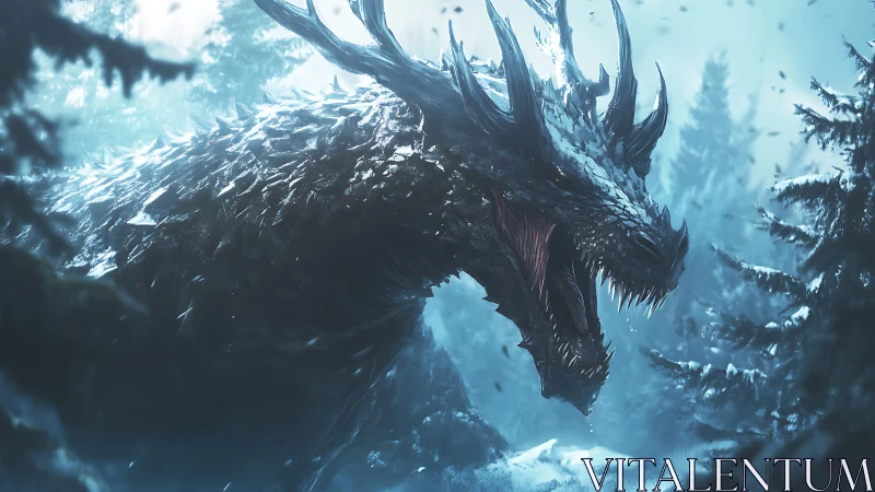 Glacial dragon roars through frosted conifer forest panorama.