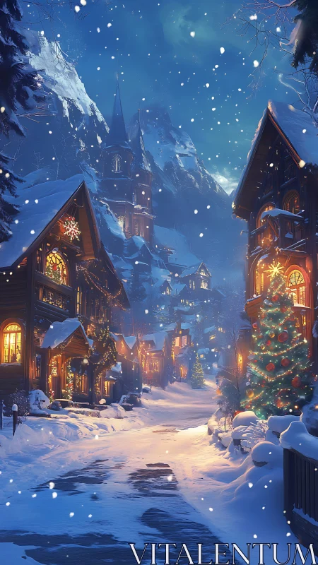 Snow-covered alpine village street with warm nocturnal lighting dynamics
