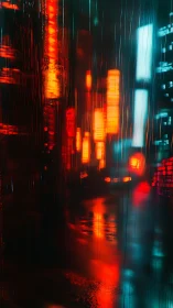 Neon car lights dissolving through rain streaked glass windows.