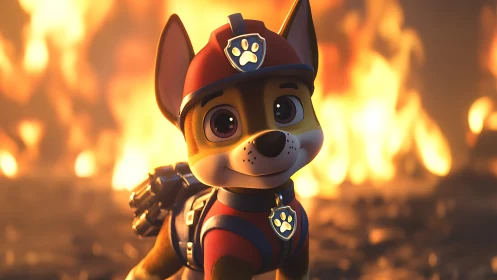 Cartoon rescue dog in firefighting gear before flames.