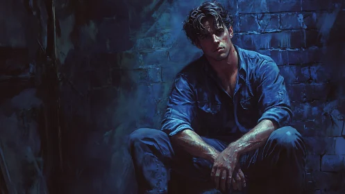 Solitary man in blue-toned alley rendered as moody digital painting
