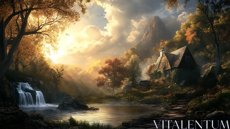 Volumetric autumn light over riverside cottage and cascade.