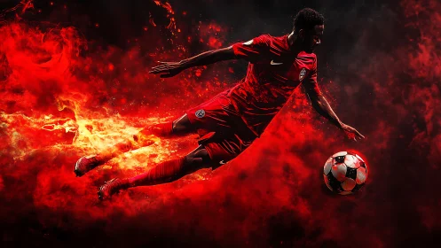 Soccer player in midair kick framed by stylized red flames