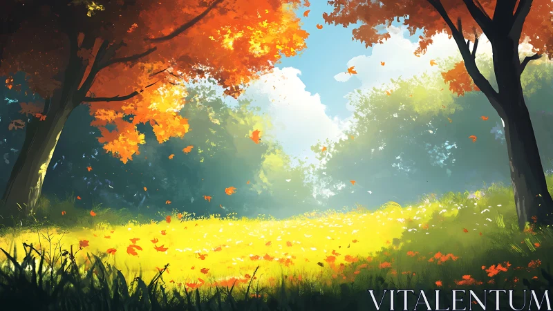 Luminous autumn forest clearing with chromatic leaf cascade and volumetric atmospheric rendering