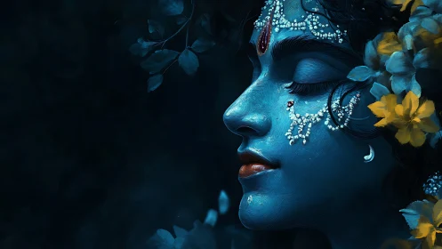 Serene blue portrait with floral dreams and quiet moonlit grace.