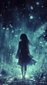 Silhouetted girl in teal rainstorm with ethereal backlight.