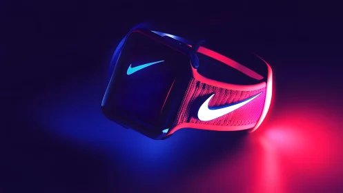 Nike smartwatch with glowing neon band in futuristic lighting.