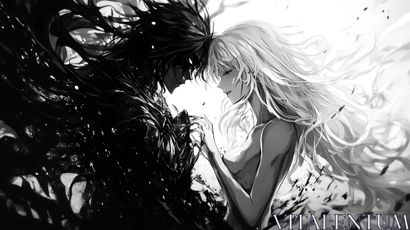 Dark and light lovers entwined in monochrome ink storm.