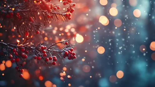 Frost-kissed winter berries under lantern-bright bokeh glow.