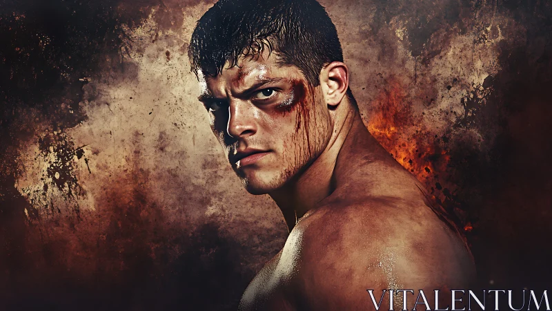 Battle-scarred fighter stares back in gritty tonal portrait.