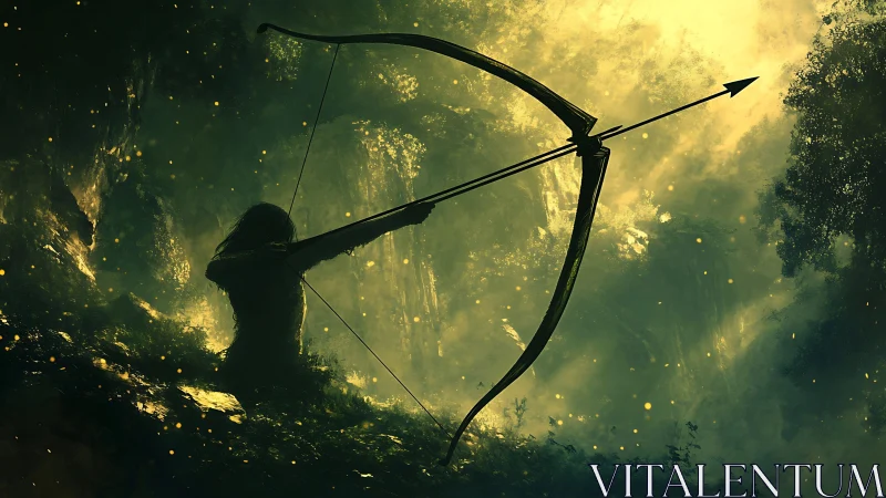 Silhouetted forest archer draws bow amid glowing mist