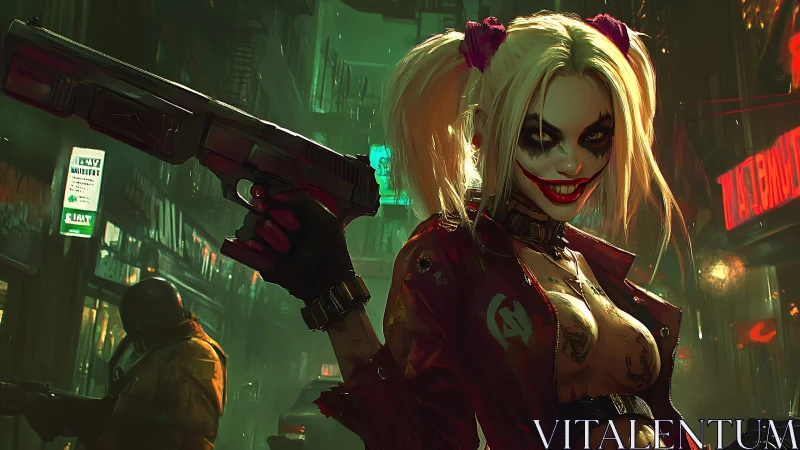 Pigtail clown woman holding pistol in neon city alley