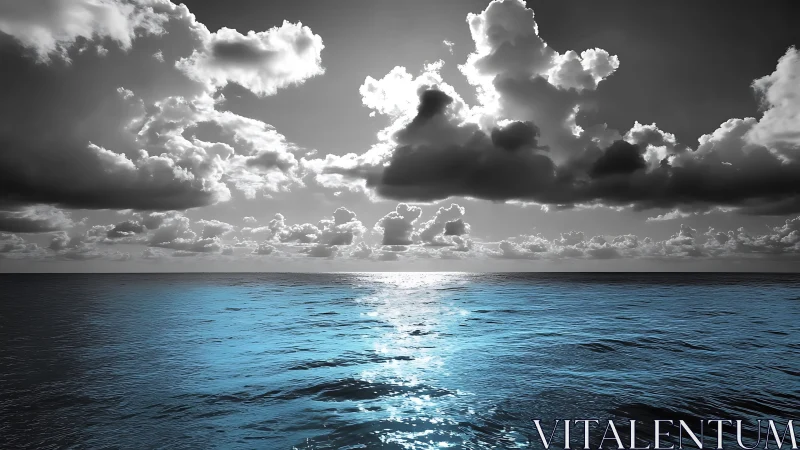 High-contrast seascape under cumulus cloud deck, selective cyan toning