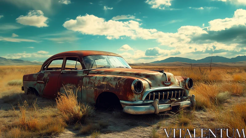 Rusting vintage sedan abandoned in wide open grassland.