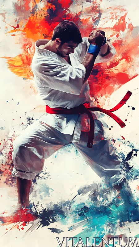Karate fighter channels explosive energy in dynamic stance.