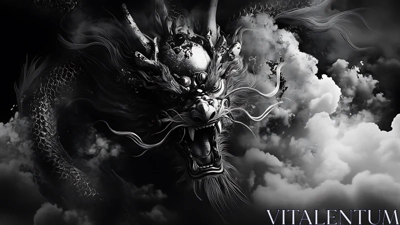 Storm-borne dragon roars from swirling monochrome clouds.