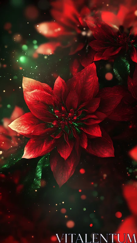 Red poinsettia flower with green light bokeh background.