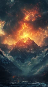 Mountain Peak Ablaze with Cosmic Fire.