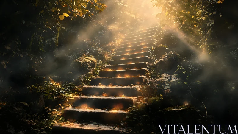 Stone steps ascending through dense forest under filtered light.