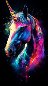 Luminous neon unicorn emerges from splattered cosmic paint.