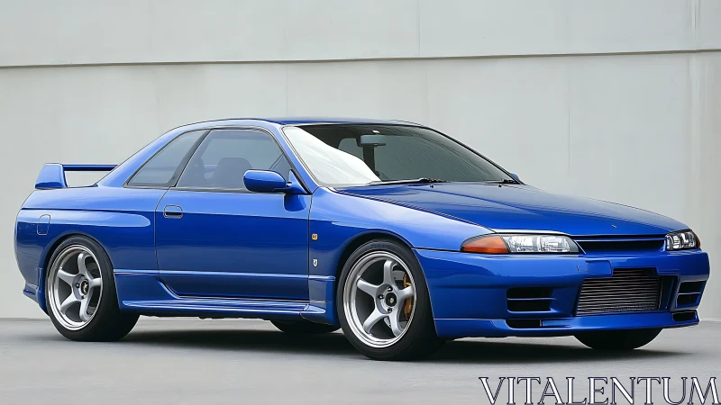 Blue two-door sports coupe in side profile on flat surface.