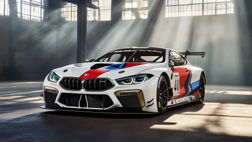 Sunlit BMW race beast prowls through an abandoned factory.