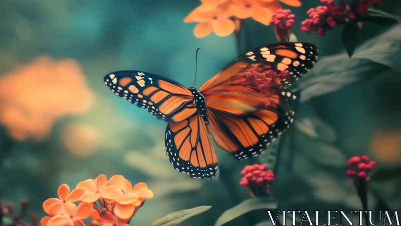Monarch butterfly on orange flowers in shallow focus garden.