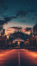Photorealistic nocturne of illuminated cathedral boulevard.
