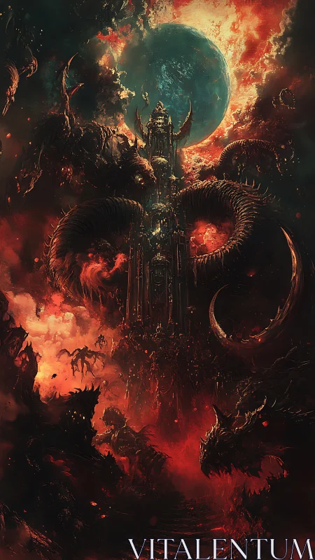 Towering hellscape with demonic fortress under burning sky.