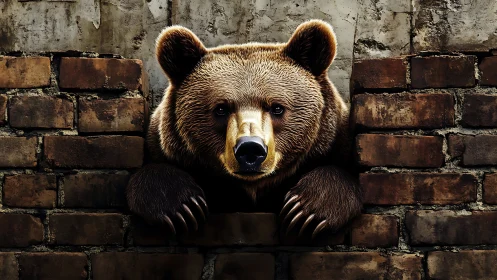 Hyperreal ursine emergence through fractured brick barrier.