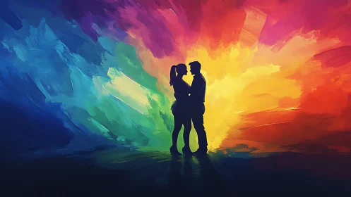 Couple silhouettes embracing against vibrant gradient light