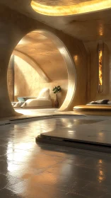 Curved sand-toned futuristic interior shows glossy floor reflections