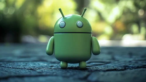 3D android mascot toy on textured stone path outdoors.